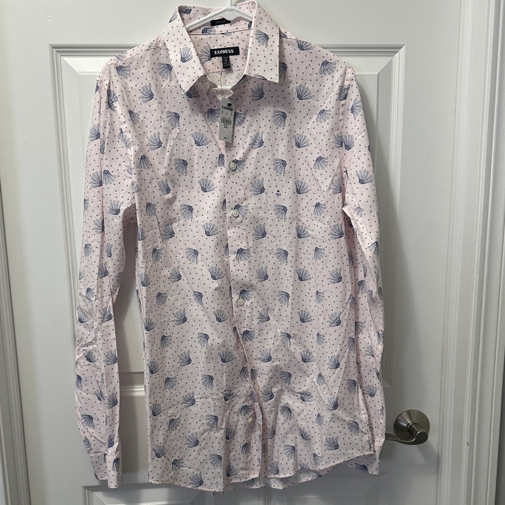 Express Men's Light Pink and Blue Patterned Shirt